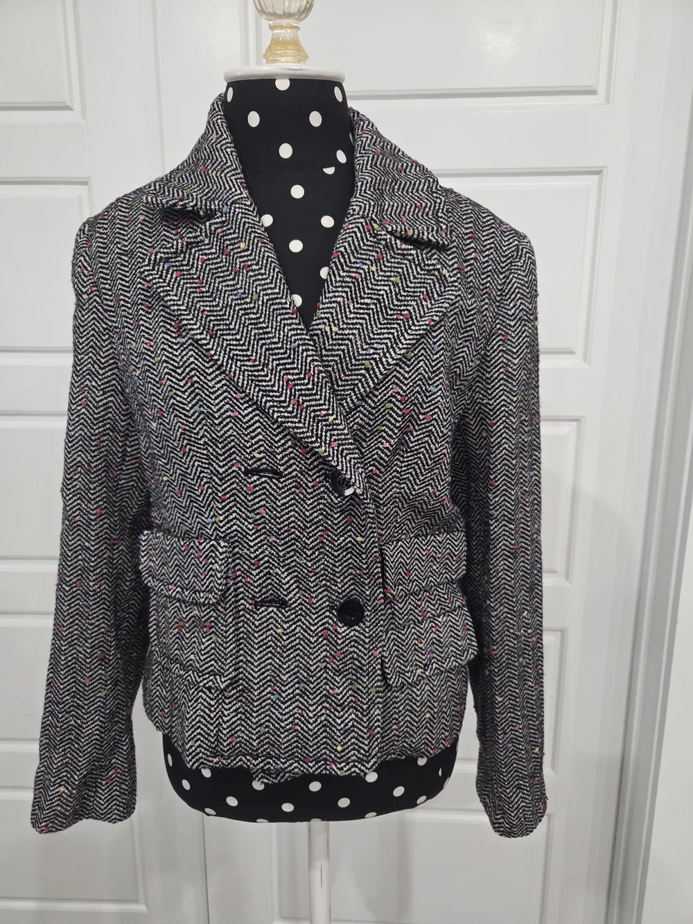 Worth Women's Vintage Black & White Chevron Tweed Double-Breasted Blazer Size M